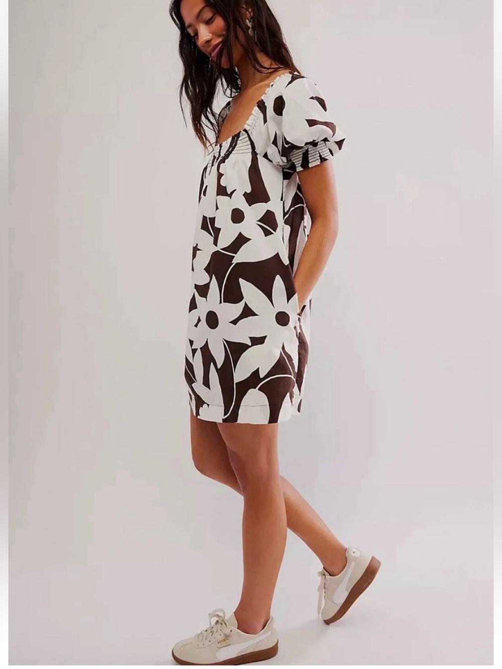 Free People Mika Brown and White Floral Puff-Sleeve Mini Dress NWT - Picture 2 of 8